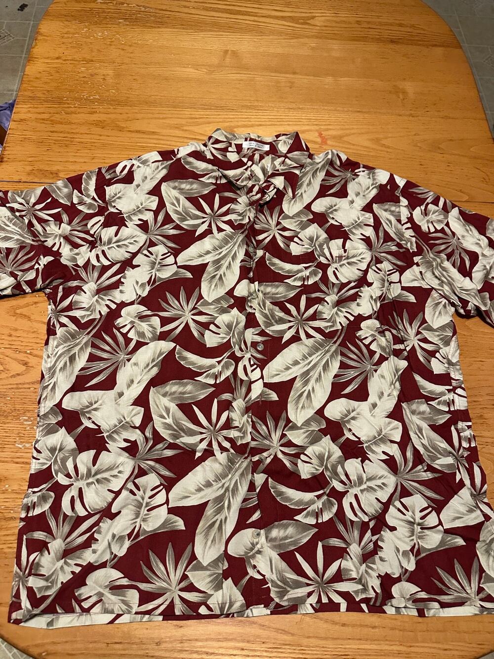 Vintage 90s Maroon Tropical Hawaiian Shirt 100% Rayon Palm Leaf Monstera XL